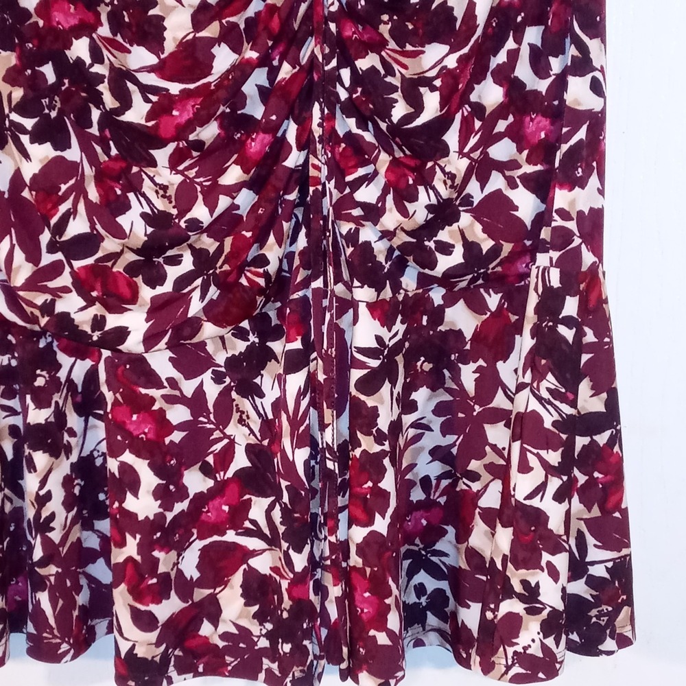 Jessica Howard Dress 18 W Ruched Flounce Hem A Line Maroon Multi V neck Lined - Picture 5 of 13